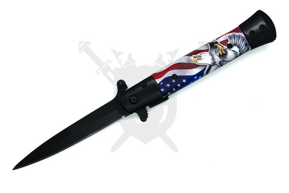 Front side view of patriotic spring assisted folding knife with black coated blade and eagle artwork