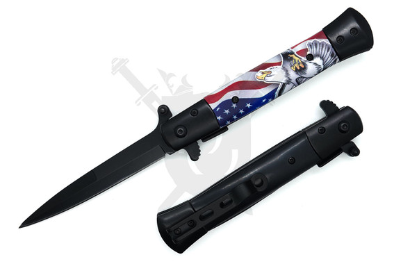Assisted opening American flag pocket knife with black bayonet blade and eagle graphic aluminum handle