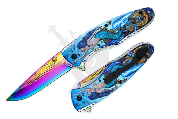 Mermaid fantasy assisted opening pocket knife with neo chrome wave-pattern blade opened beside closed view