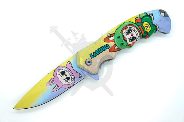 Open Labubu fantasy folding knife with pastel gradient blade and character print handle
