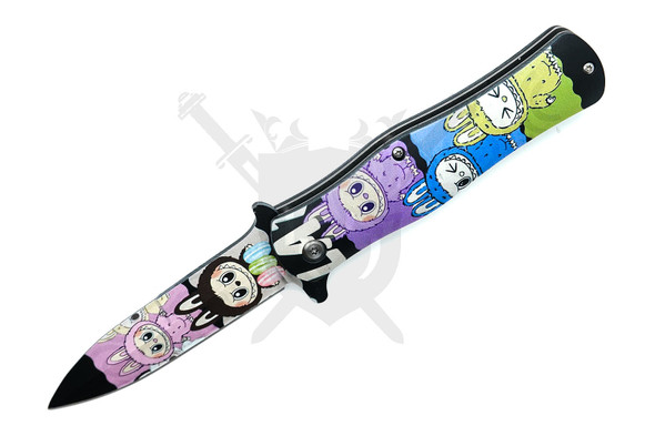 Open view of the GPL908ALBF Labubu folding knife displaying full printed monster artwork across the blade and handle.