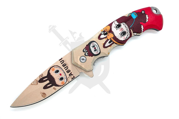 Front side view of the open Labubu red bunny assisted folding knife with printed character graphics