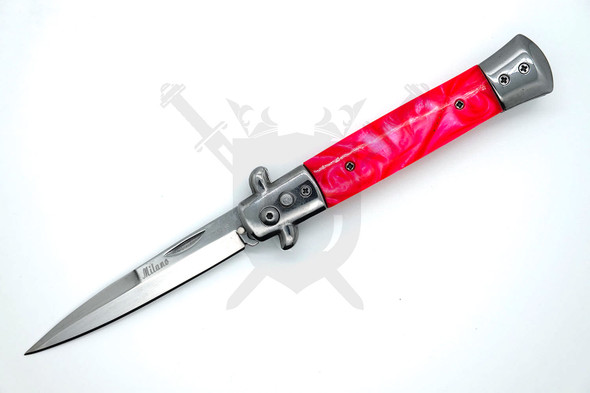 Pink marble automatic switchblade knife with mirror polish bayonet blade deployed on white background.