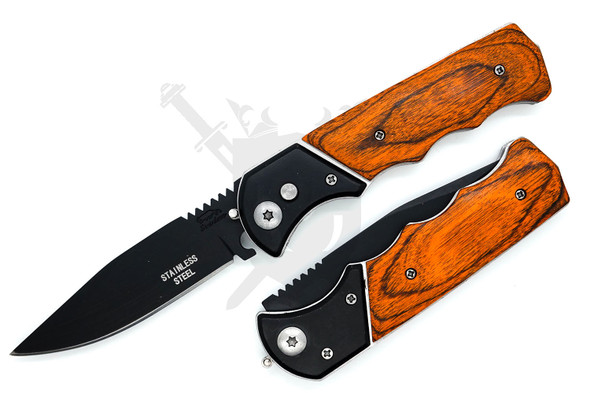 Automatic folding switchblade knife with red wood handle shown open and closed beside each other.