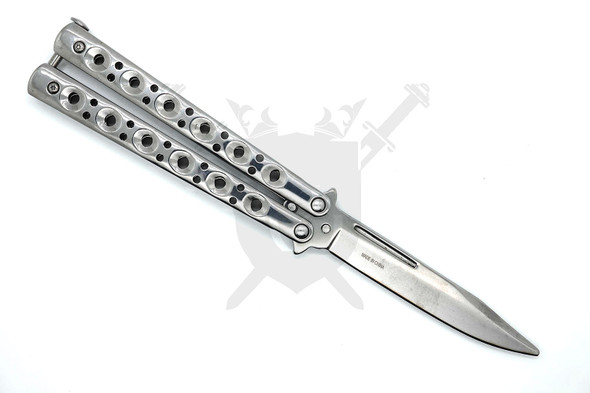 Chrome balisong butterfly knife partially open displaying stainless steel blade and circular cutout handle design.