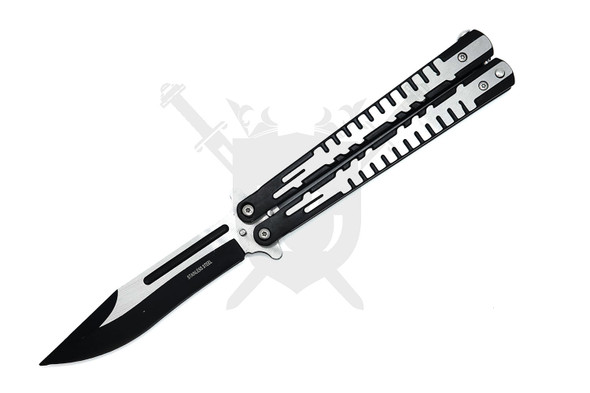 Black and satin stainless steel butterfly knife open with drop point blade and rail-cut handles.