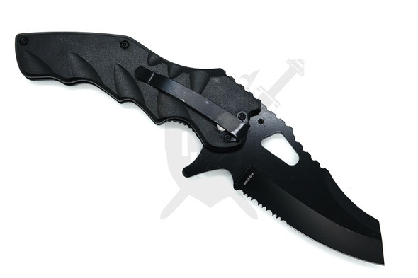 Assisted opening tactical folder with comic-inspired Joker artwork and black coated serrated blade.