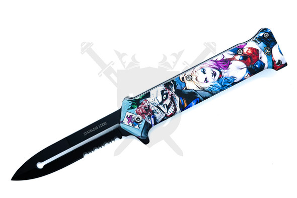 Joker and Harley themed spring assisted folding knife with black half serrated drop point blade open.