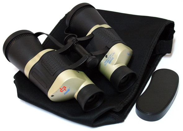 Rear angled view of Perrini 30x50 black and tan binoculars displaying eyepieces, textured grip sections, black carrying case, and lens cover accessory.