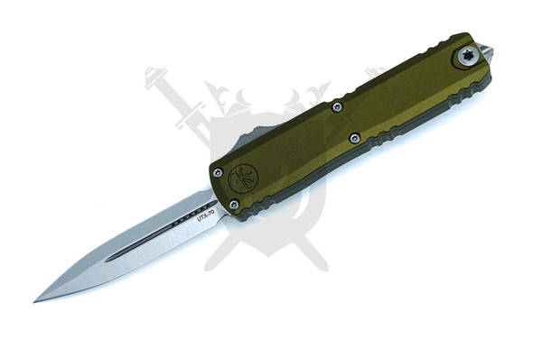 Microtech UTX-70 Gen IV automatic OTF knife with OD green aluminum handle and stonewashed double edge dagger blade open front view