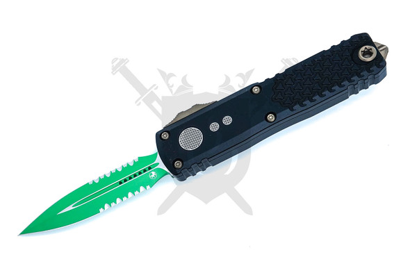 Microtech UTX-85 Gen IV Jedi Master Signature Series automatic OTF knife with green partially serrated dagger blade and black textured handle front view