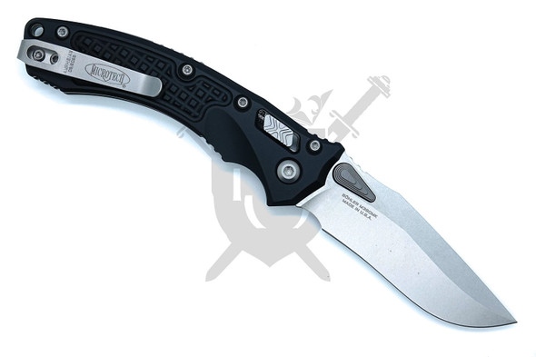 Microtech Amphibian Mini RAM-LOK 137MRL-10FR open reverse side showing pocket clip and stonewashed blade