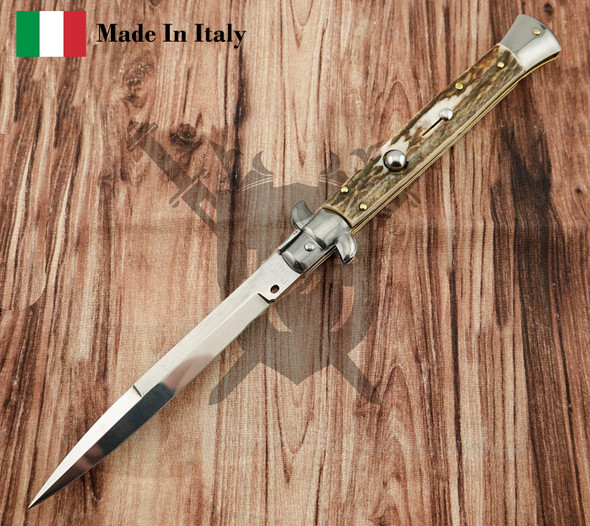Frank Beltrame 11-inch Italian stiletto automatic knife with genuine European stag handle and mirror polished bayonet blade open