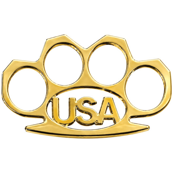 Patriot Grip USA gold metal brass knuckle paperweight with polished finish and raised USA lettering