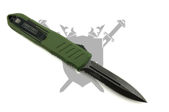 Reverse view of Armed Force Tactical Stars & Stripes OTF automatic knife showing pocket clip and partially serrated stonewashed blade