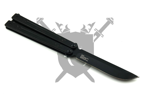 Reverse view of Armed Force Tactical Blackout butterfly knife showing matte black blade and lightweight channel aluminum handles