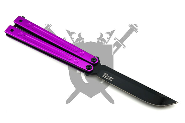 Reverse view of Armed Force Tactical Purple butterfly knife showing matte black blade and purple channel aluminum handles