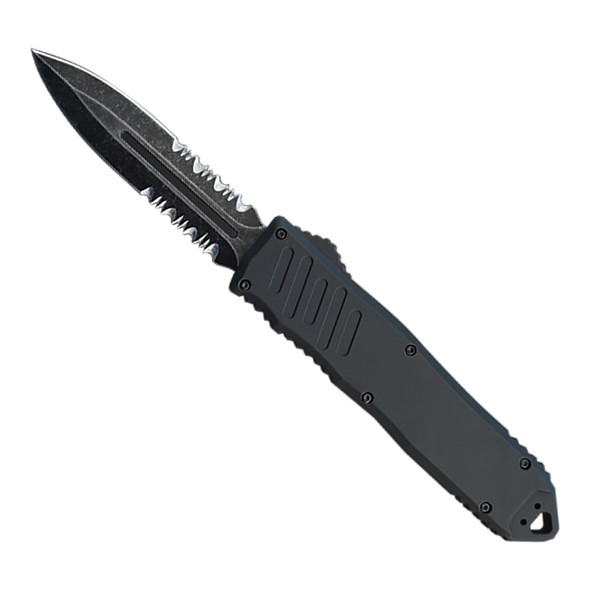 Armed Force Tactical Heavy Duty Shadowline automatic OTF knife with stonewashed partially serrated dagger blade and matte black aluminum handle