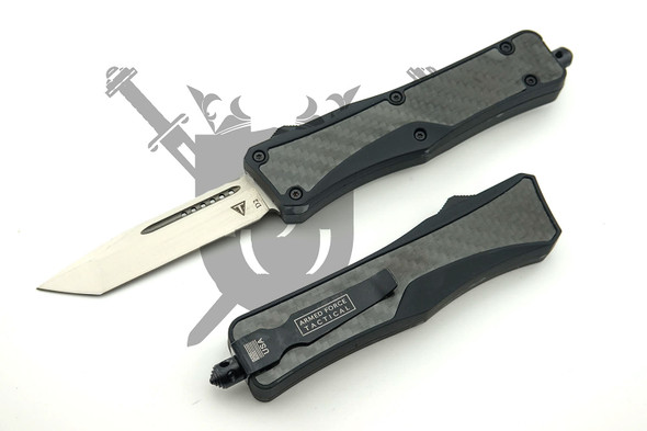 Armed Force Tactical Midnight Breach automatic OTF knife with satin D2 tanto blade and carbon fiber black handle open and closed