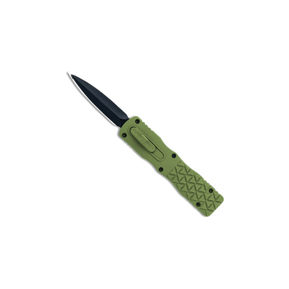 Armed Force Signal Strike Micro OTF automatic knife with green Tri Grip handle and black double edge spear point blade