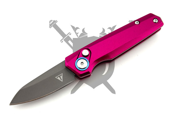 Front view of the Pocket Flash Micro automatic folder showing pink anodized aluminum handle and gray 440C blade