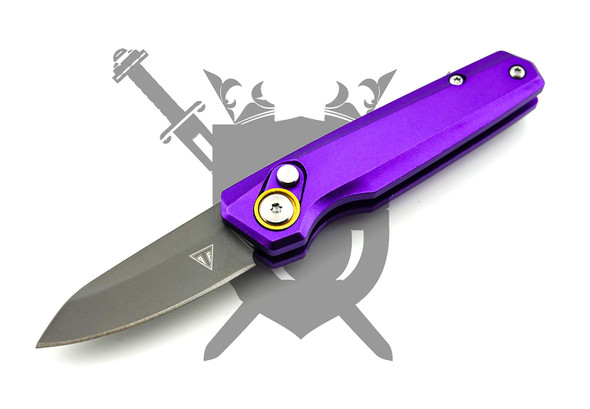 Purple Armed Force Tactical Pocket Flash Micro automatic knife showing the 1.5-inch stonewashed drop point blade.