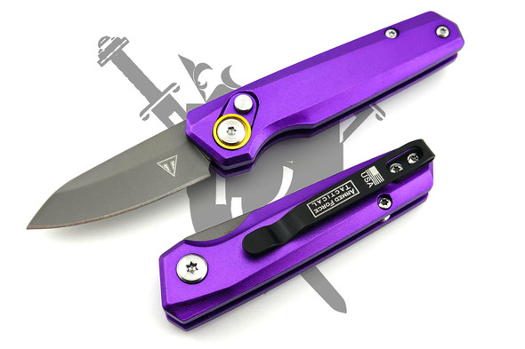 Armed Force Tactical Pocket Flash Micro automatic knife with purple aluminum handle and gold pivot accent open and closed.