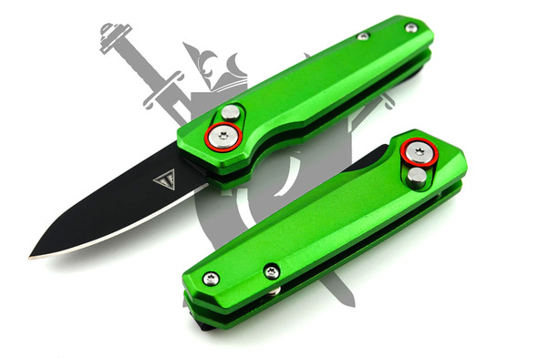 Armed Force Tactical Pocket Flash Micro automatic knife with green aluminum handle and red pivot accent shown open and closed.
