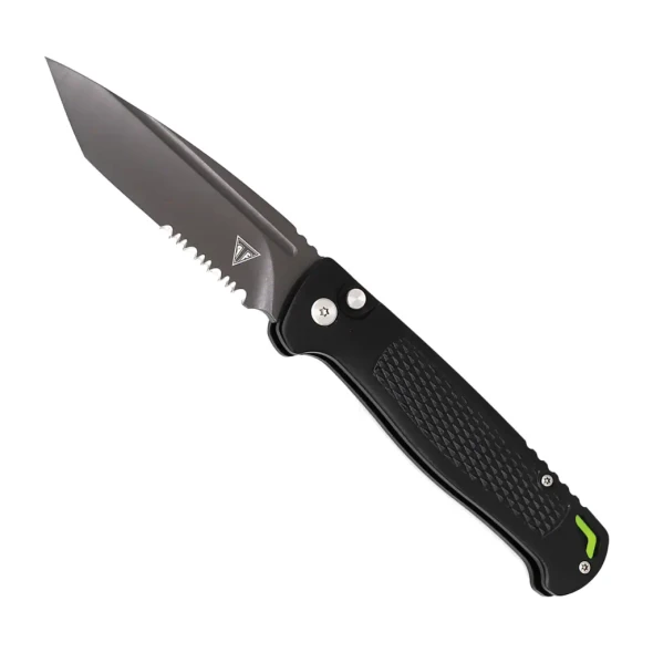 Armed Force Tactical Blackout Sentinel automatic knife with matte black aluminum handle and gray partially serrated American Tanto blade.