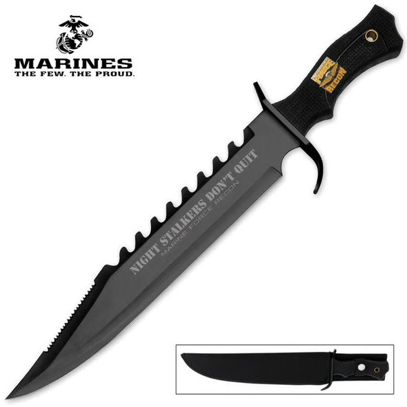 United Cutlery Marine Force Night Stalker Bowie knife with nylon sheath and Marine Force branding shown alongside the included sheath