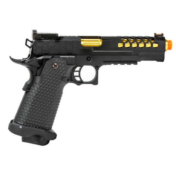 Golden Eagle 3339 OTS .45 Hi-Capa Gas Blowback Airsoft Pistol right side showing gold fluted barrel through Hive slide