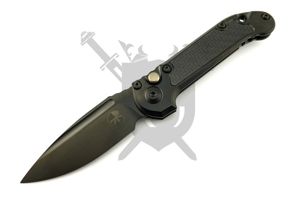 Microtech Marfione Select LUDT Gen III automatic knife open showing DLC stonewashed M390 clip point blade and titanium handle with carbon fiber inlay.