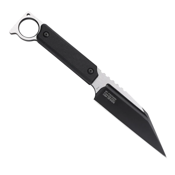 Reverse side of the MTech USA MT-FIX004BK fixed blade showing full tang construction, serrated thumb ramp, and black coated reverse tanto blade.