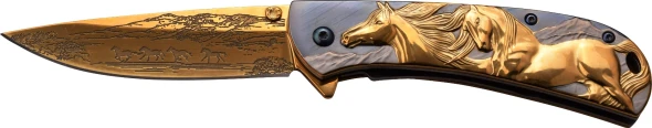 Close-up of the Masters Collection MC-A031GD showing detailed wild horse relief handle artwork and scenic laser-etched gold blade.