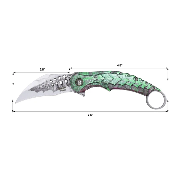 Side profile of the Dark Side Blades DS-A2026GN showing the 2.8-inch hawkbill blade, integrated finger ring, and textured green scale handle.