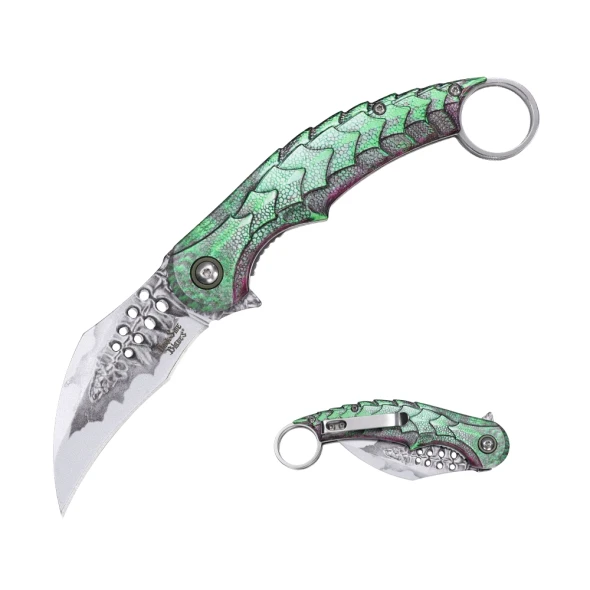 Dark Side Blades DS-A2026GN spring assisted hawkbill folding knife with green dragon scale aluminum handle and embossed printed blade.