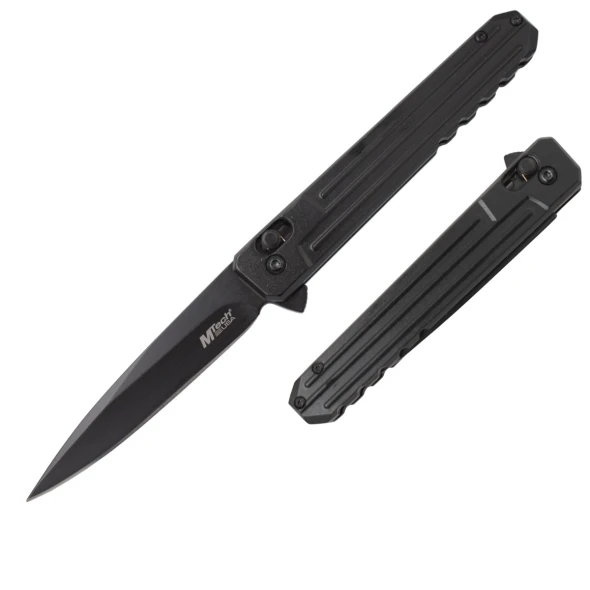 MTech USA MT-A2062BK spring assisted folding knife featuring a black 3.75-inch drop point blade, black aluminum handle, Rapid Lock mechanism, and pocket clip.