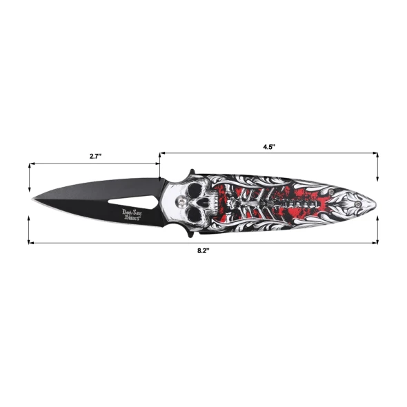 Side profile of the Dark Side Blades DS-A2023RD showing the 2.70-inch black spear point blade and detailed skull artwork handle.