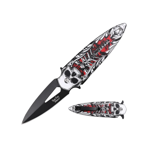 Dark Side Blades DS-A2023RD spring assisted folding knife with black spear point blade and skull with skeletal spine artwork on the aluminum handle.