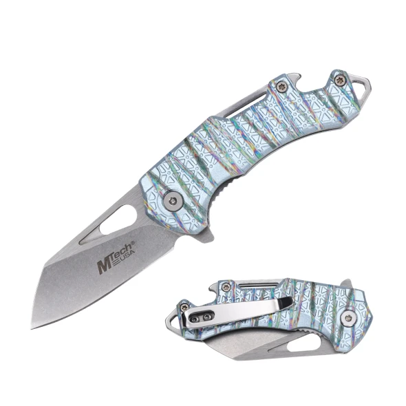 MTech USA MT-A822SBG compact spring assisted folding knife with a stonewashed cleaver blade and blue patterned aluminum handle.