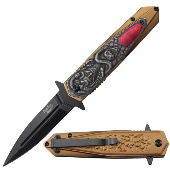 Dark Side Blades Gold Medusa spring assisted knife featuring a black spear point blade and detailed gold aluminum handle with Medusa and serpent artwork.