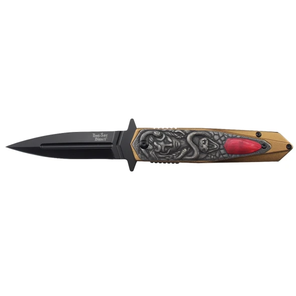Front profile of the DS-A2028GD displaying the black-coated spear point blade and ornate Medusa handle scales.