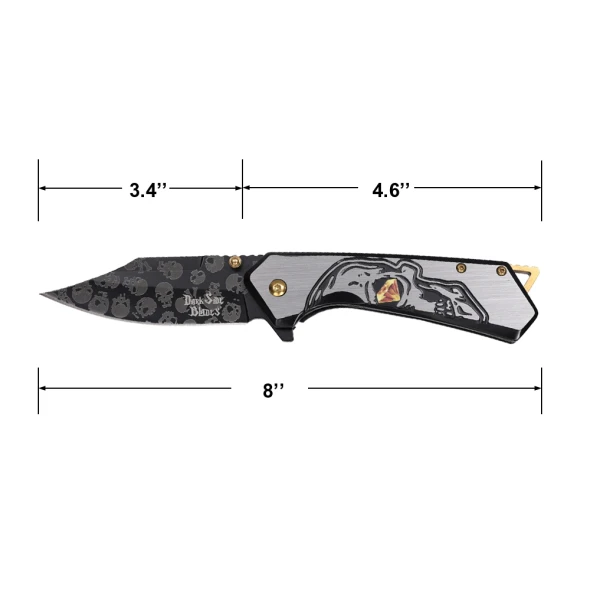Front profile of the DS-A2015GE displaying the 3.40-inch black clip point blade and detailed hooded skull handle artwork with gold accents.