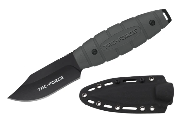 Tac-Force TF-FIX115GY full tang fixed blade knife with a black oxidized clip point blade, gray textured G10 nylon fiber handle, and molded ABS sheath with belt clip.