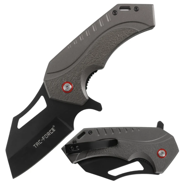 Tac-Force spring assisted folding knife with a black modified cleaver blade, textured gray anodized aluminum handle, red pivot accent, and pocket clip.