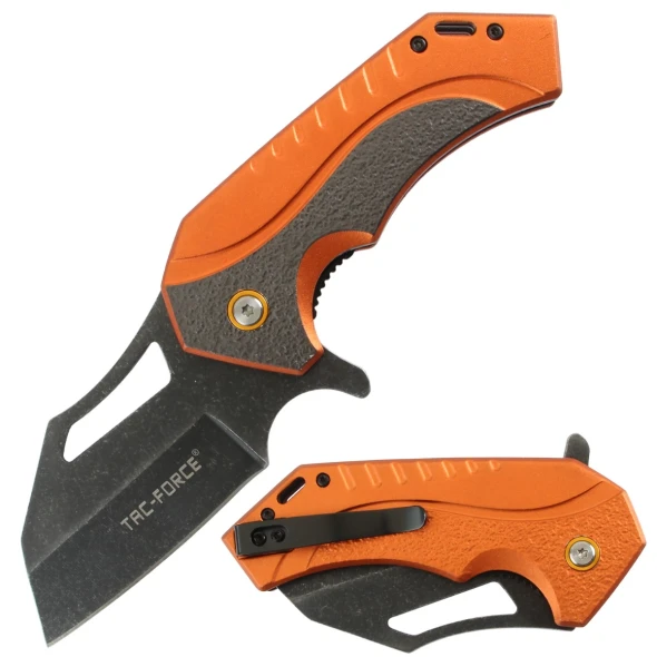 Tac-Force TF-2020OR spring assisted folding knife with a black modified cleaver blade, textured orange anodized aluminum handle, black grip inserts, and pocket clip.