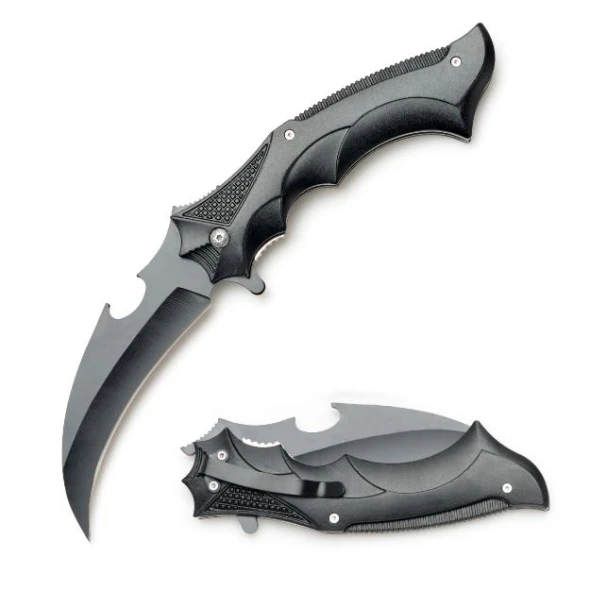 Snake Eye Tactical SE-950BK spring assisted folding karambit knife with a black 4.25-inch hawkbill blade featuring an integrated bottle opener, black ergonomic alloy handle with oversized finger ring, and pocket clip.