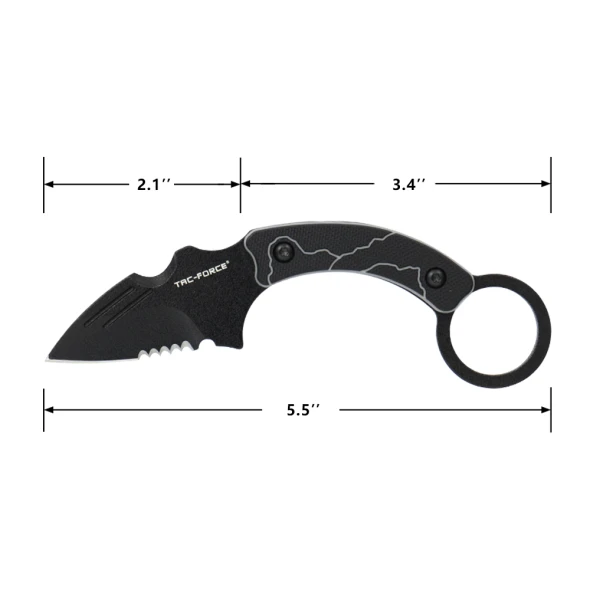Side profile of the Tac-Force TF-FIX111BT fixed blade karambit showing overall dimensions, curved handle, finger ring, and partially serrated blade.