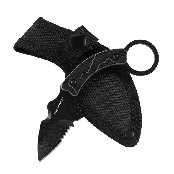 Tac-Force TF-FIX111BT fixed blade karambit with a black partially serrated blade, two-tone G10 handle, oversized finger ring, and reinforced nylon sheath.