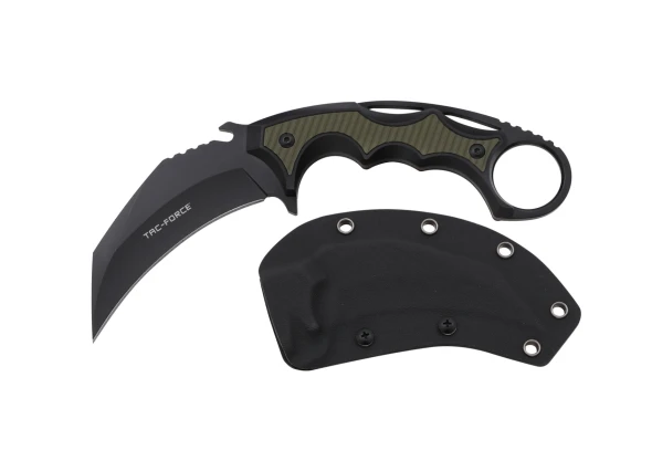 Tac-Force TF-FIX119GN fixed blade karambit featuring a black hawkbill blade, OD Green G10 handle scales, integrated finger ring, and molded ABS belt sheath.
